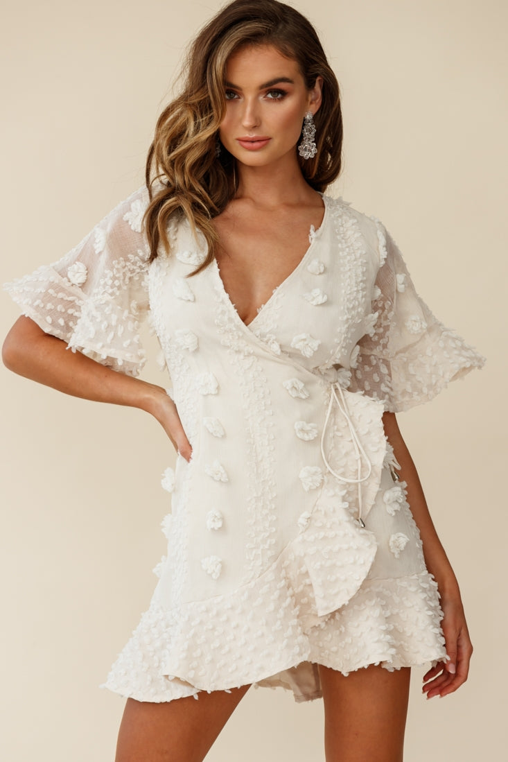 Chai Angel Sleeve Embellished Wrap Dress Beige by Selfie Leslie
