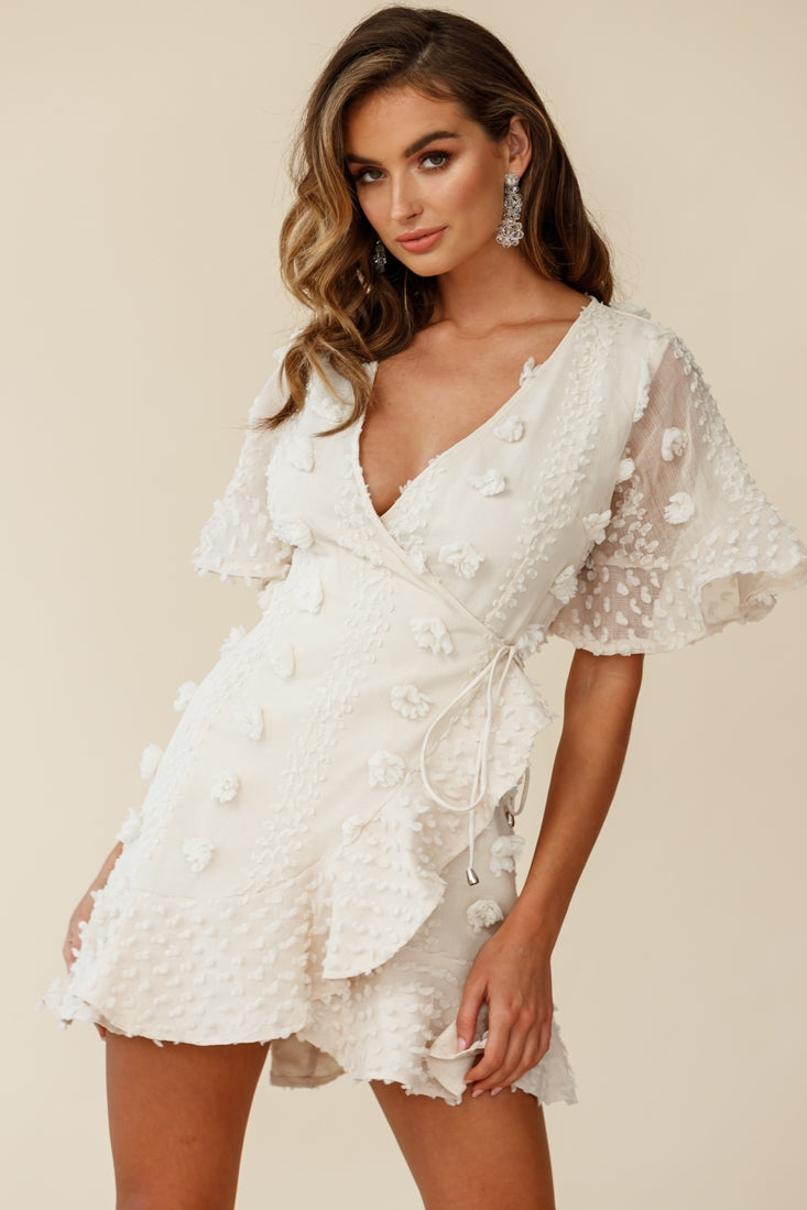Chai Angel Sleeve Embellished Wrap Dress Beige by Selfie Leslie