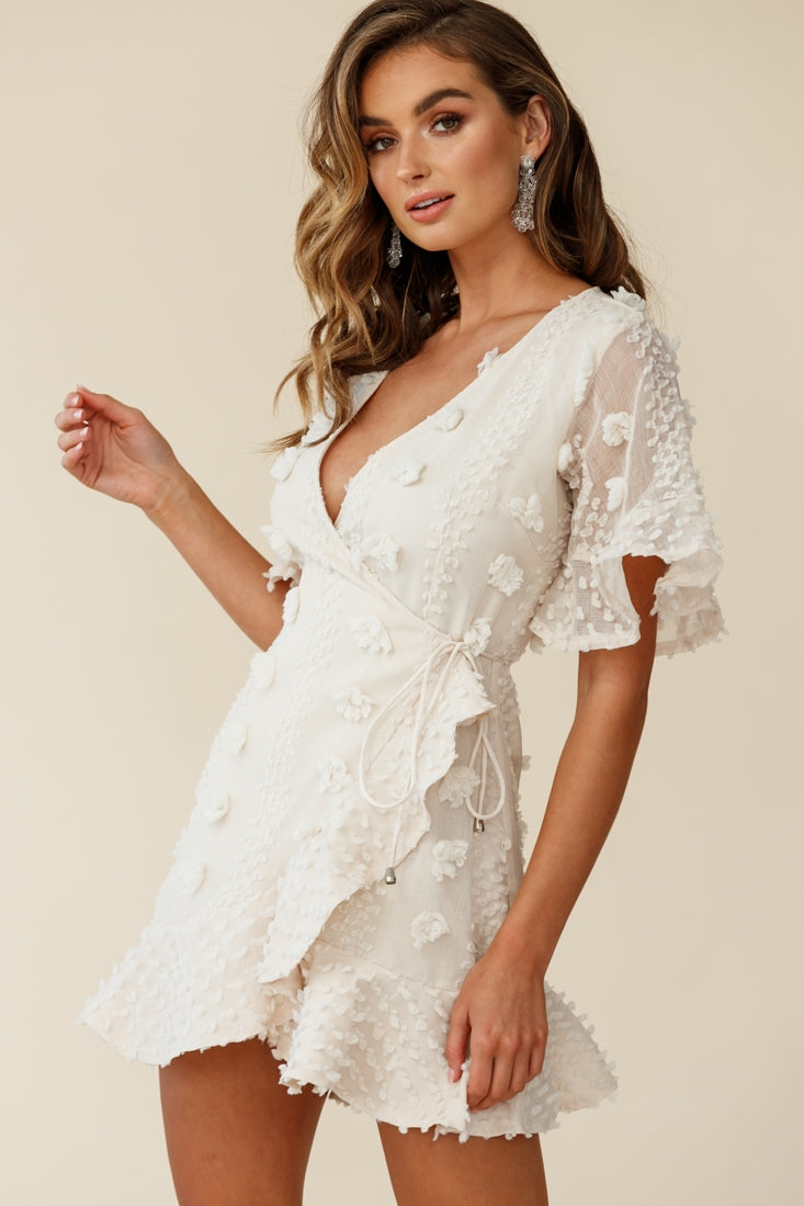 Chai Angel Sleeve Embellished Wrap Dress Beige by Selfie Leslie