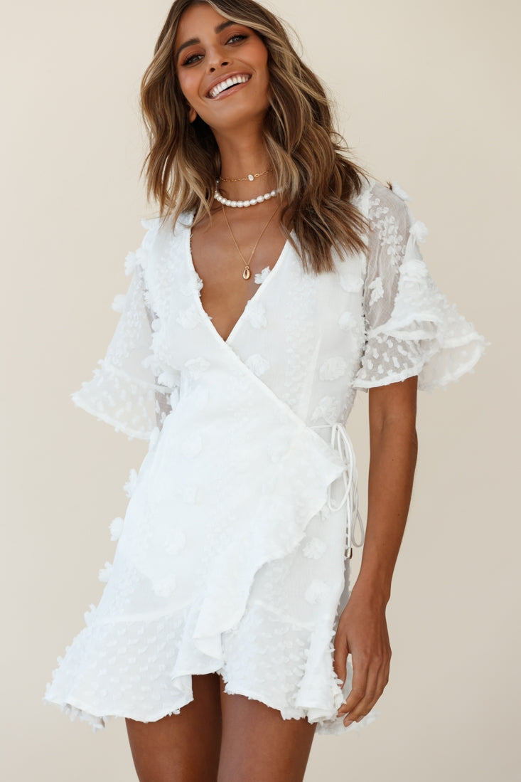 Chai Angel Sleeve Embellished Wrap Dress White by Selfie Leslie