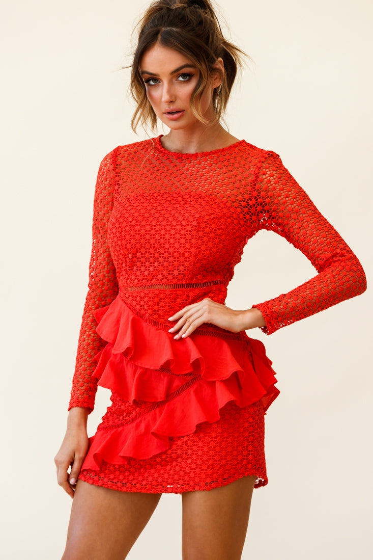 Aramis Long Sleeve Lace & Ruffle Detail Dress Red by Selfie Leslie