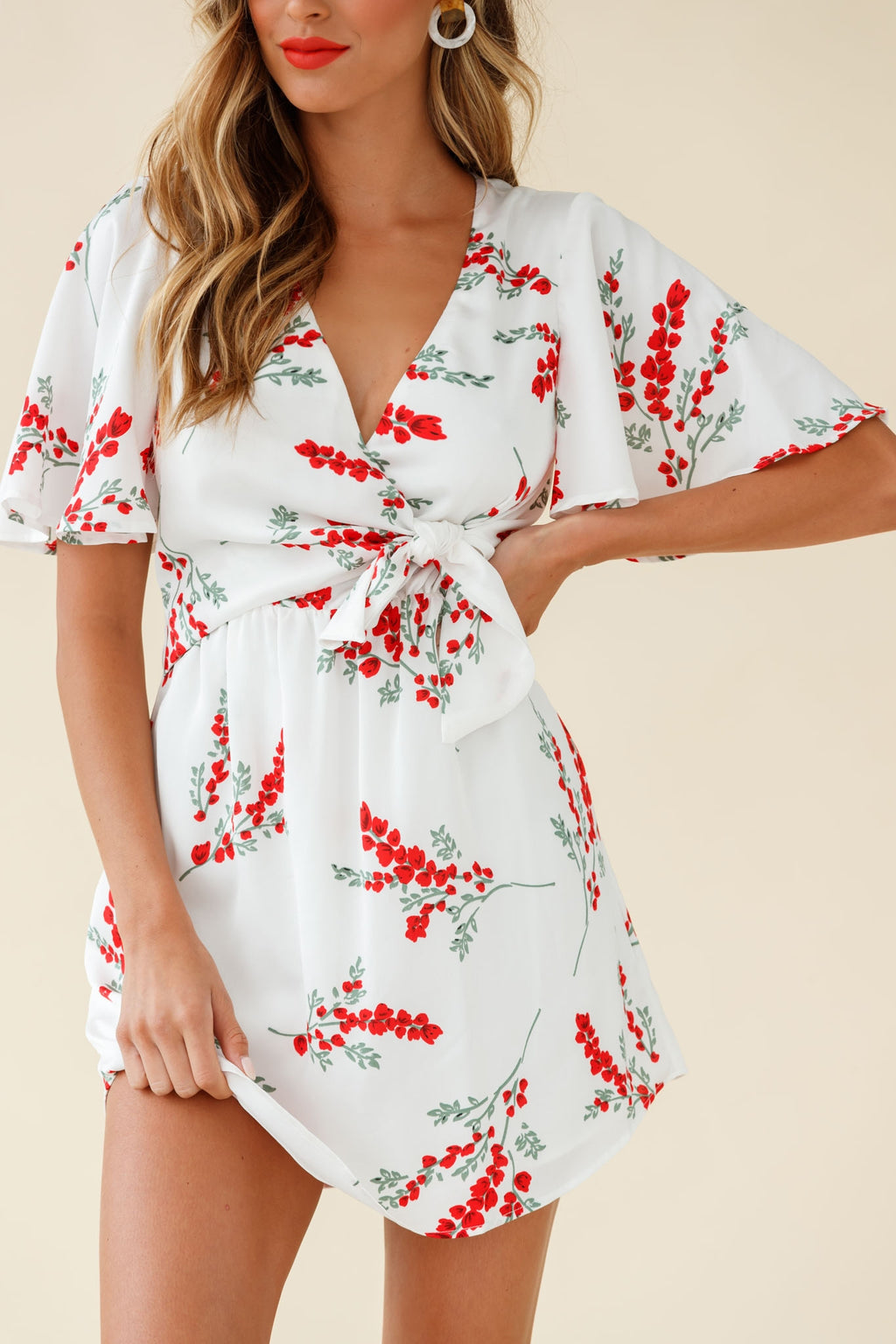 Stealing Hearts Flutter Sleeve Wrap Front Dress Floral Print White by Selfie Leslie
