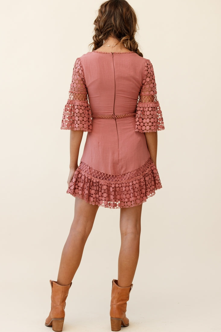 Believe It Crochet Detail Fluted Hem Dress Rose by Selfie Leslie