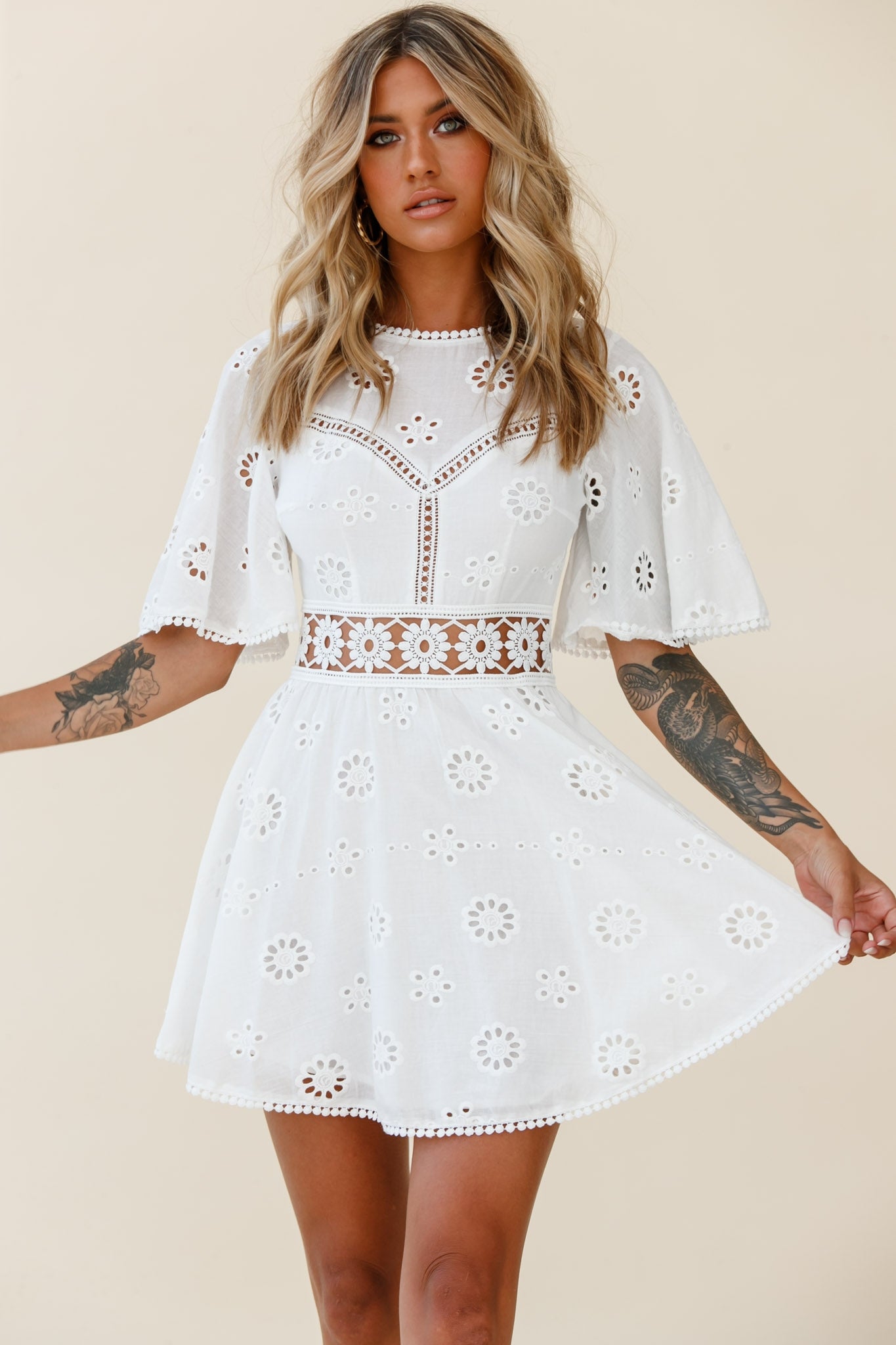 Anais Fluted Sleeve Exposed Back Broderie Anglaise Dress White Selfie  Leslie