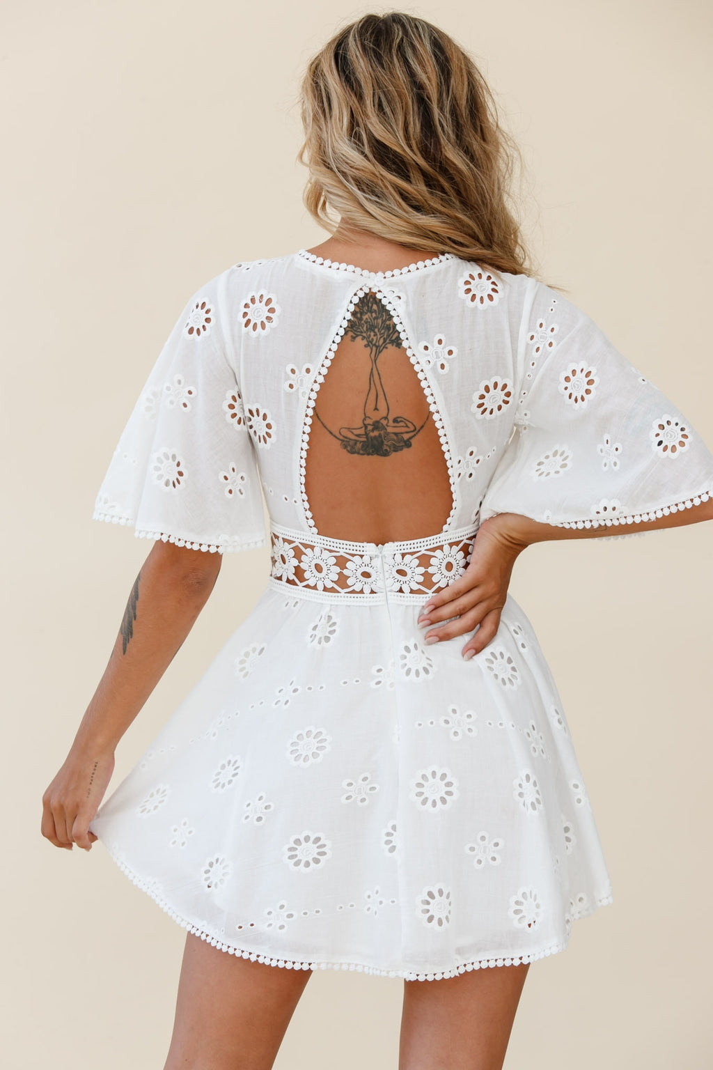 Anais Fluted Sleeve Exposed Back Broderie Anglaise Dress White by Selfie Leslie
