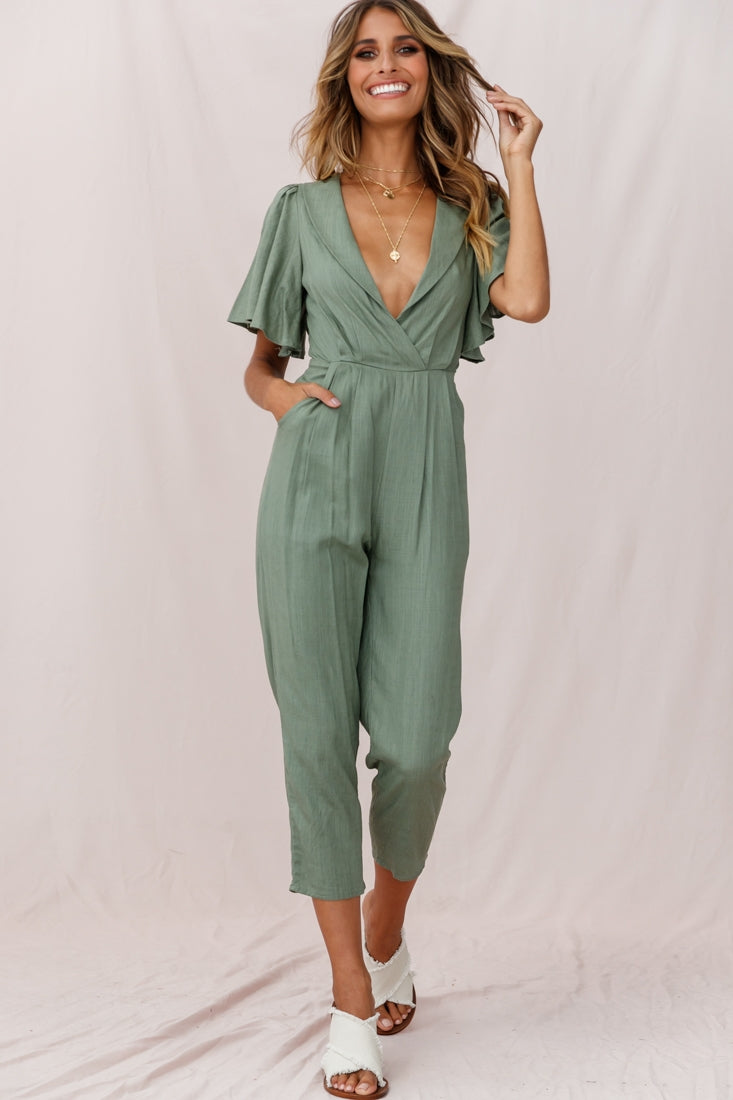 Dana Straight Leg Collared Neck Jumpsuit Olive by Selfie Leslie