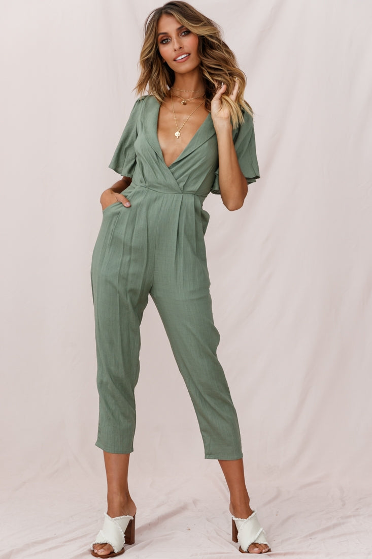 Dana Straight Leg Collared Neck Jumpsuit Olive by Selfie Leslie