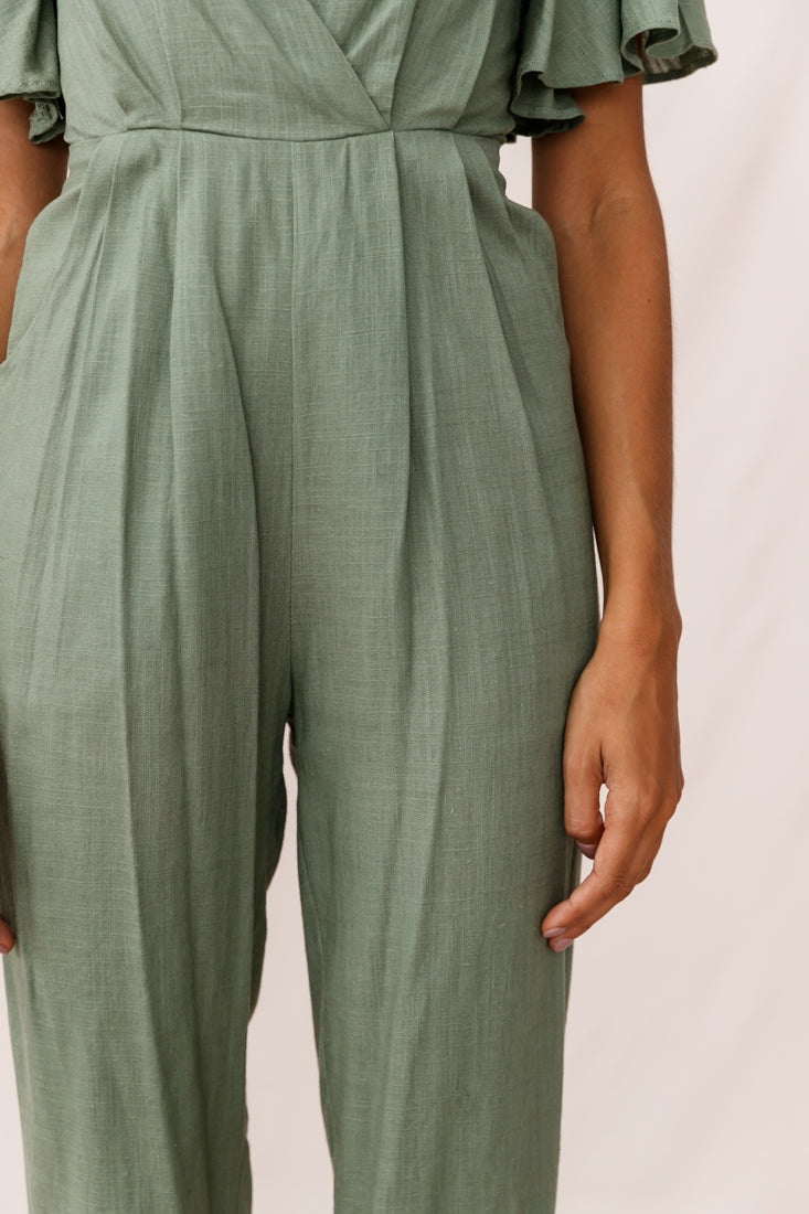 Dana Straight Leg Collared Neck Jumpsuit Olive by Selfie Leslie