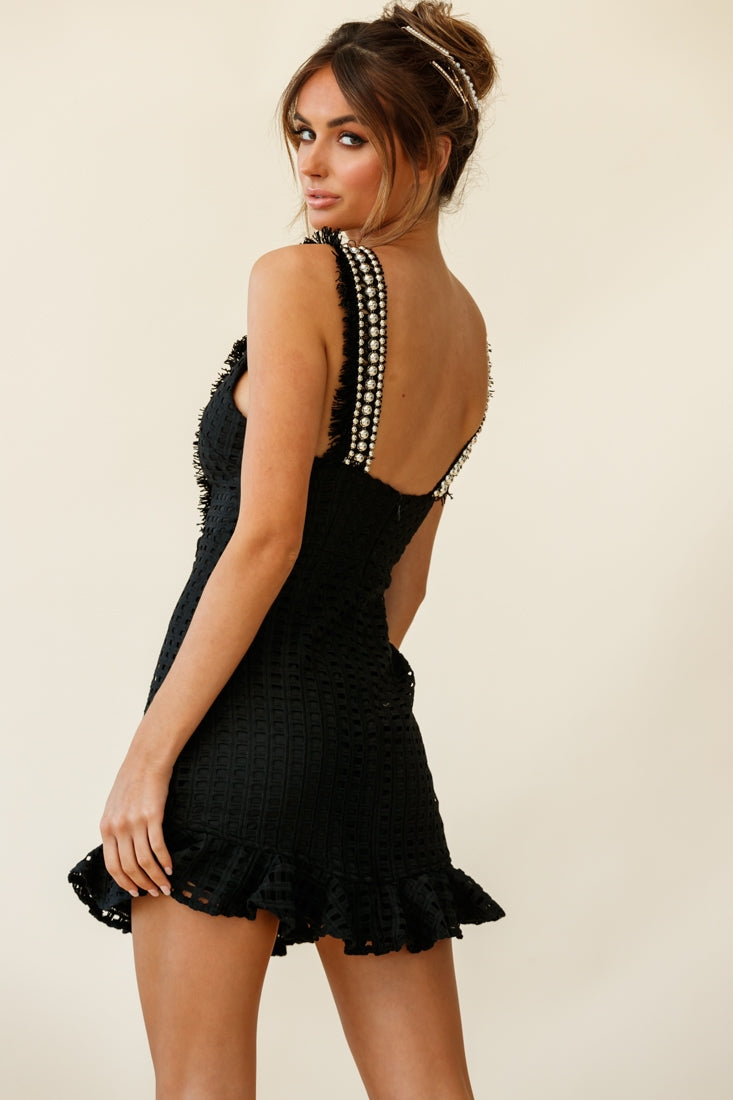 Argyle Bead & Fringe Trim Ruffle Hem Dress Black by Selfie Leslie