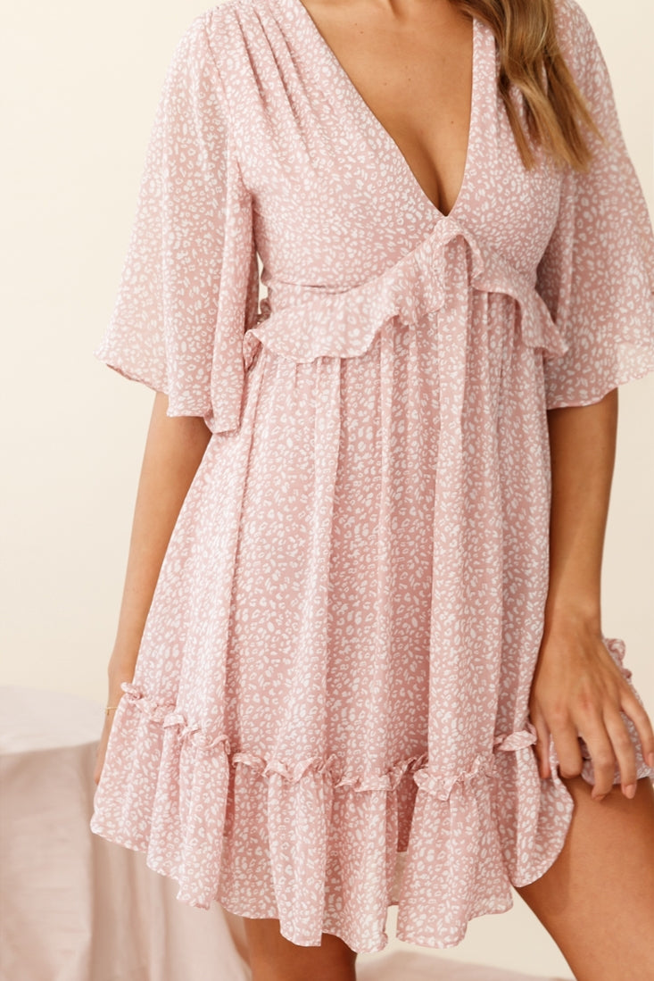 Flissy Angel Sleeve Cut-Out Babydoll Dress Speckle Print Pink by Selfie Leslie
