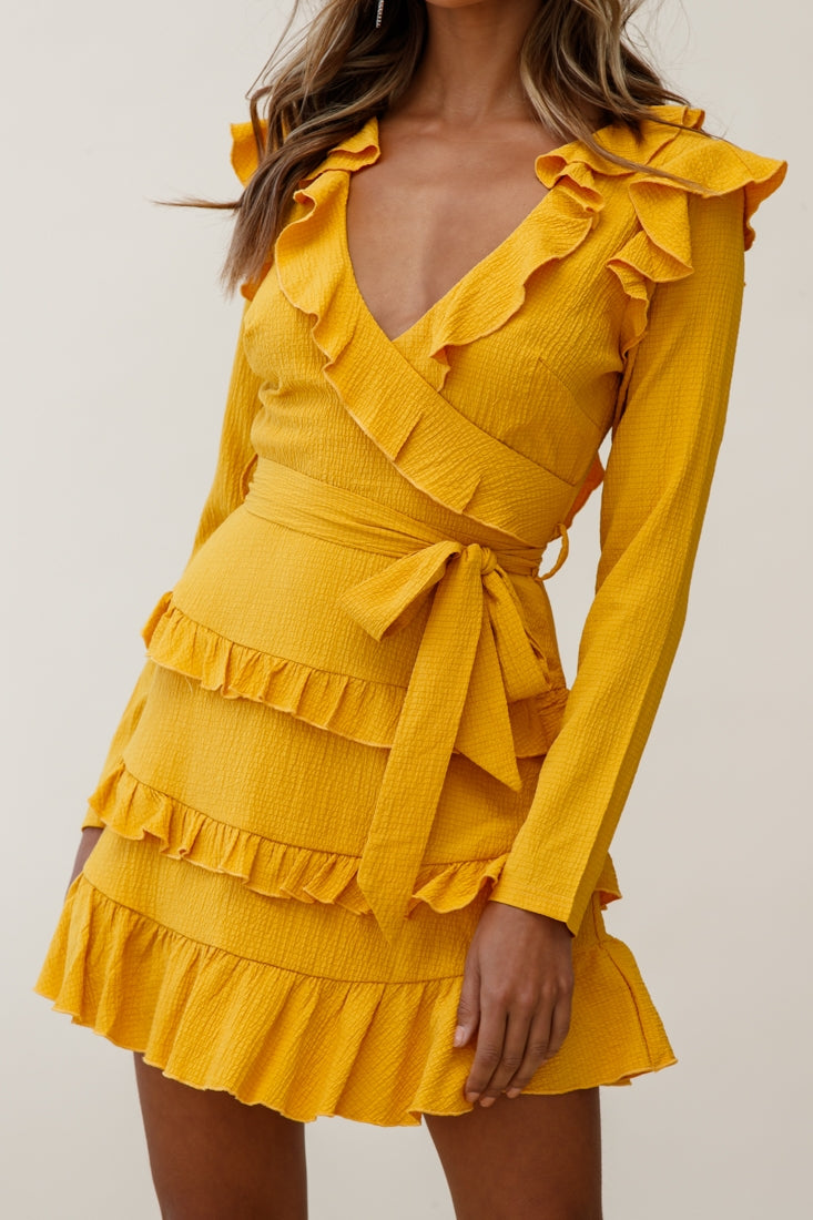 Jemirah Ruffle-Trimmed Long Sleeve Frill Dress Mustard by Selfie Leslie