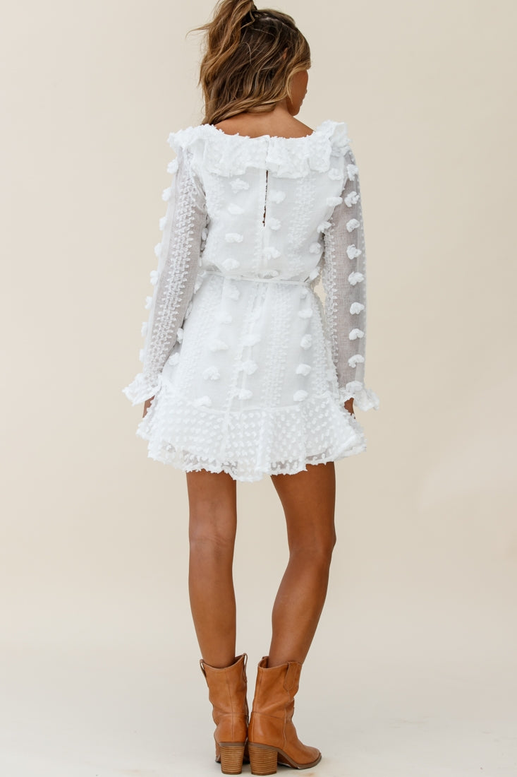 Georgie Long Sleeve Frill Neckline Embellished Chiffon Dress White by Selfie Leslie