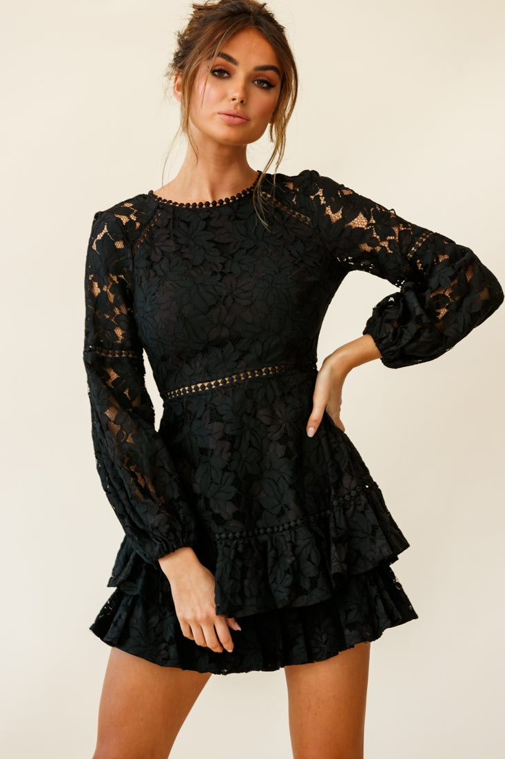 Shop the Henrietta Lace Overlay Long Sleeve Ruffle Dress Black | Selfie ...