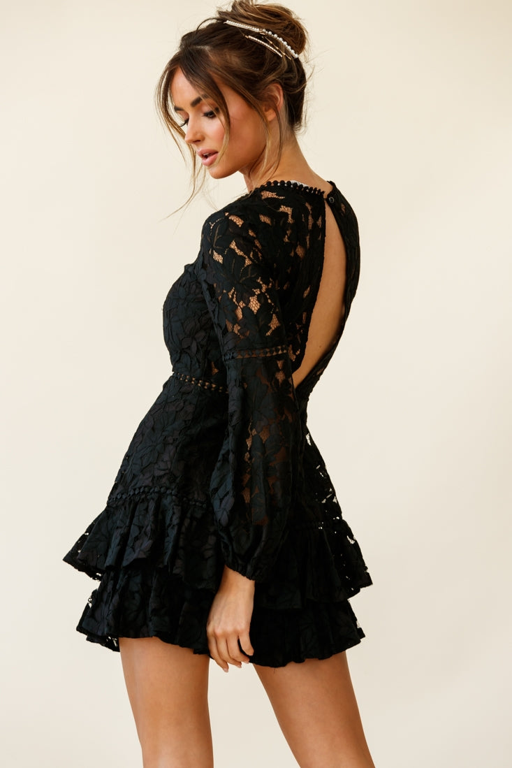 Henrietta Lace Overlay Long Sleeve Ruffle Dress Black by Selfie Leslie