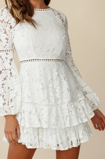 Shop the Henrietta Lace Overlay Long Sleeve Ruffle Dress White | Selfie ...
