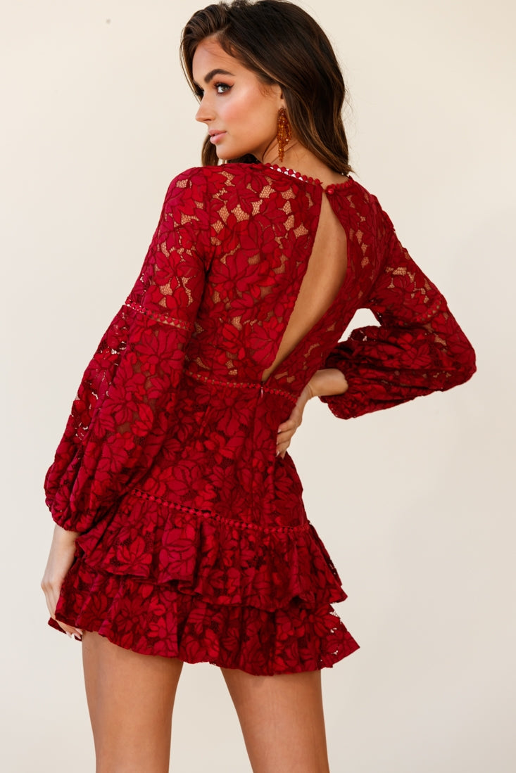 Henrietta Lace Overlay Long Sleeve Ruffle Dress Wine by Selfie Leslie