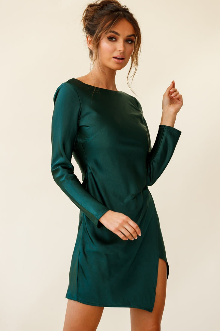 Thank Me Later Long Sleeve Open Back Dress Forest Green by Selfie Leslie