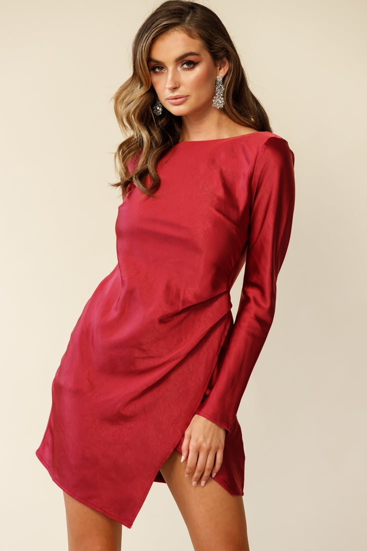 Thank Me Later Long Sleeve Open Back Dress Wine by Selfie Leslie
