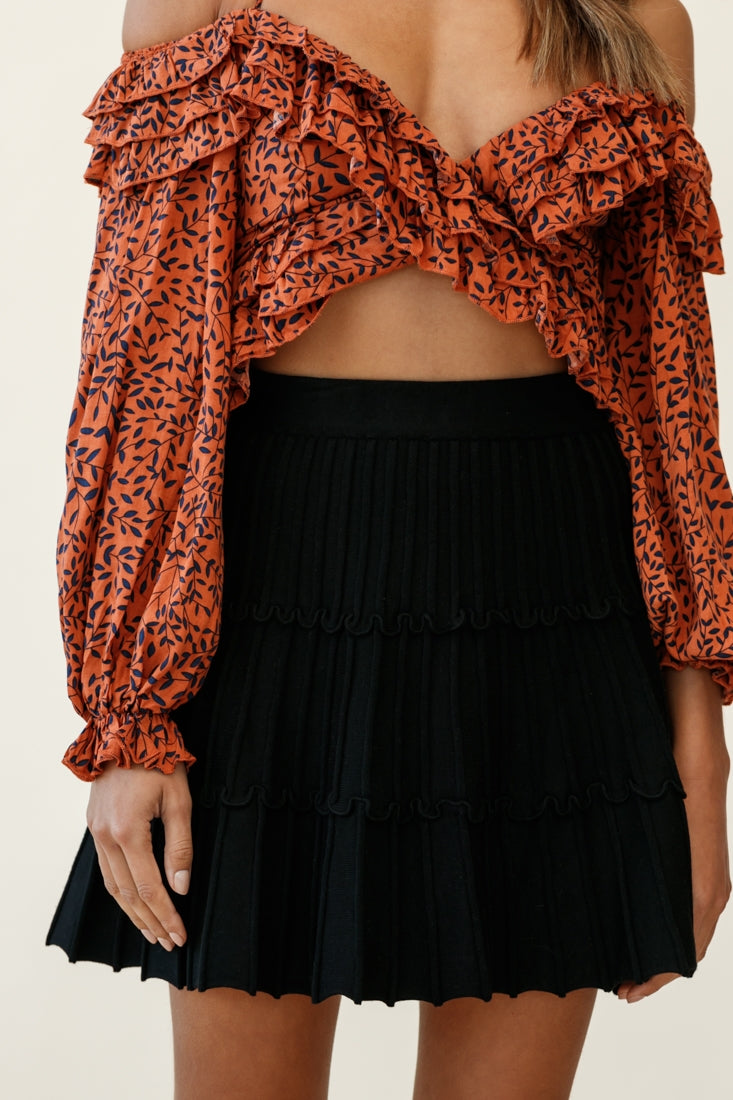 Rosarito Long Balloon Sleeve Halterneck Crop Top Leaf Print Tan by Selfie Leslie