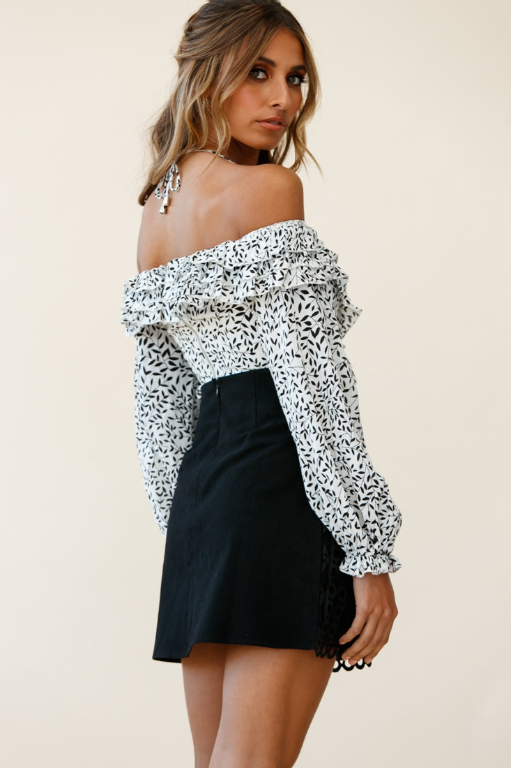 Rosarito Long Balloon Sleeve Halterneck Crop Top Leaf Print White by Selfie Leslie