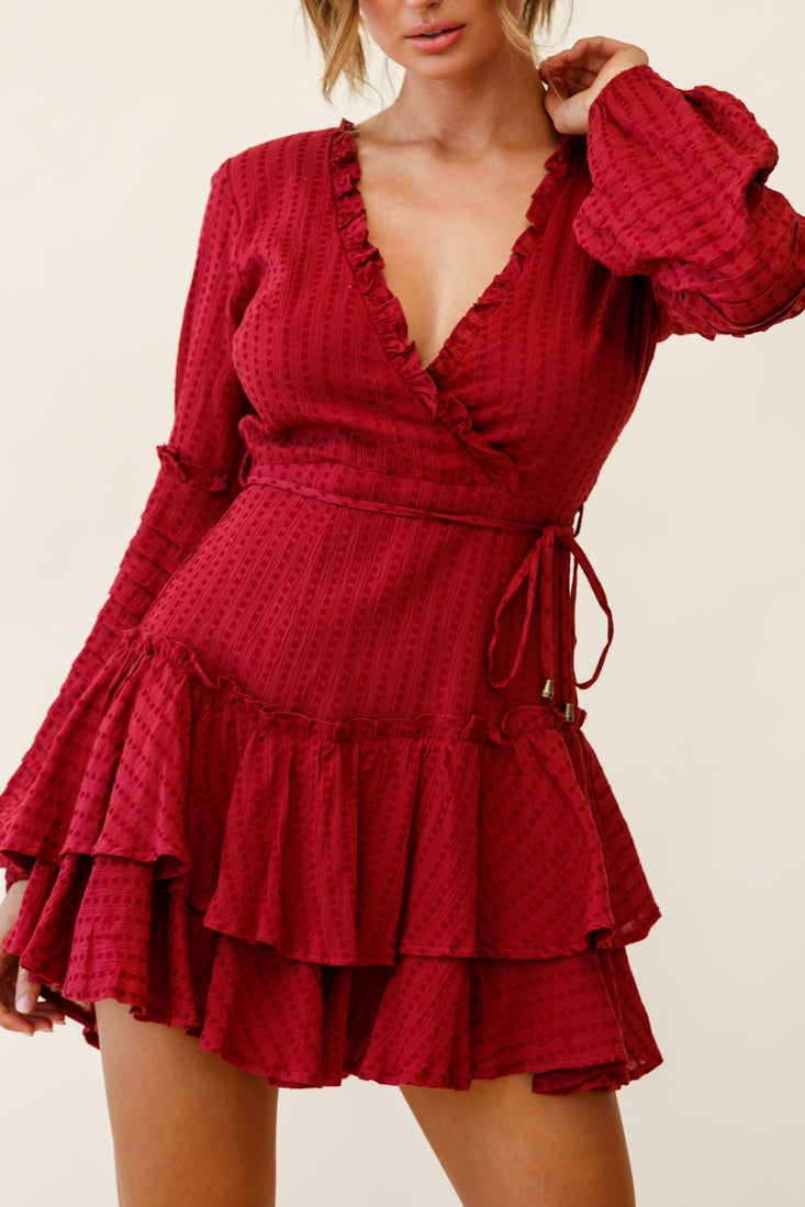 Neve Balloon Sleeve Layered Ruffle Hem Dress Wine by Selfie Leslie