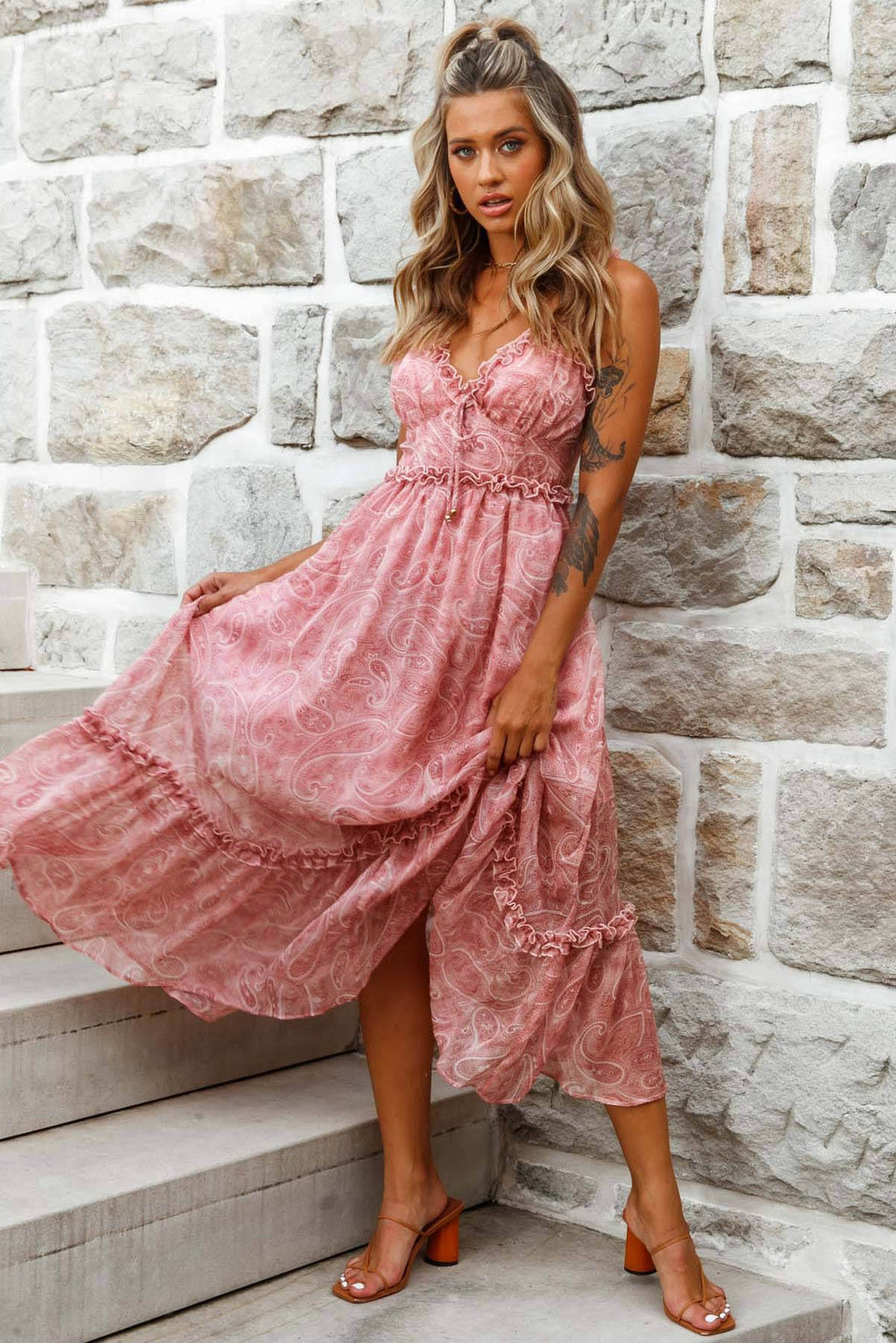 Anyah Frill Detail Tie Back Maxi Dress Paisley Print Pink by Selfie Leslie