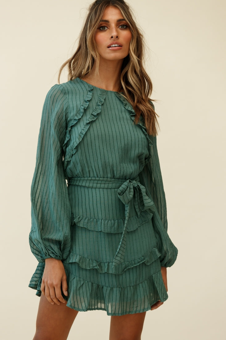Dusk Long Sleeve Waist Tie Frill Dress Thin Stripe Green by Selfie Leslie