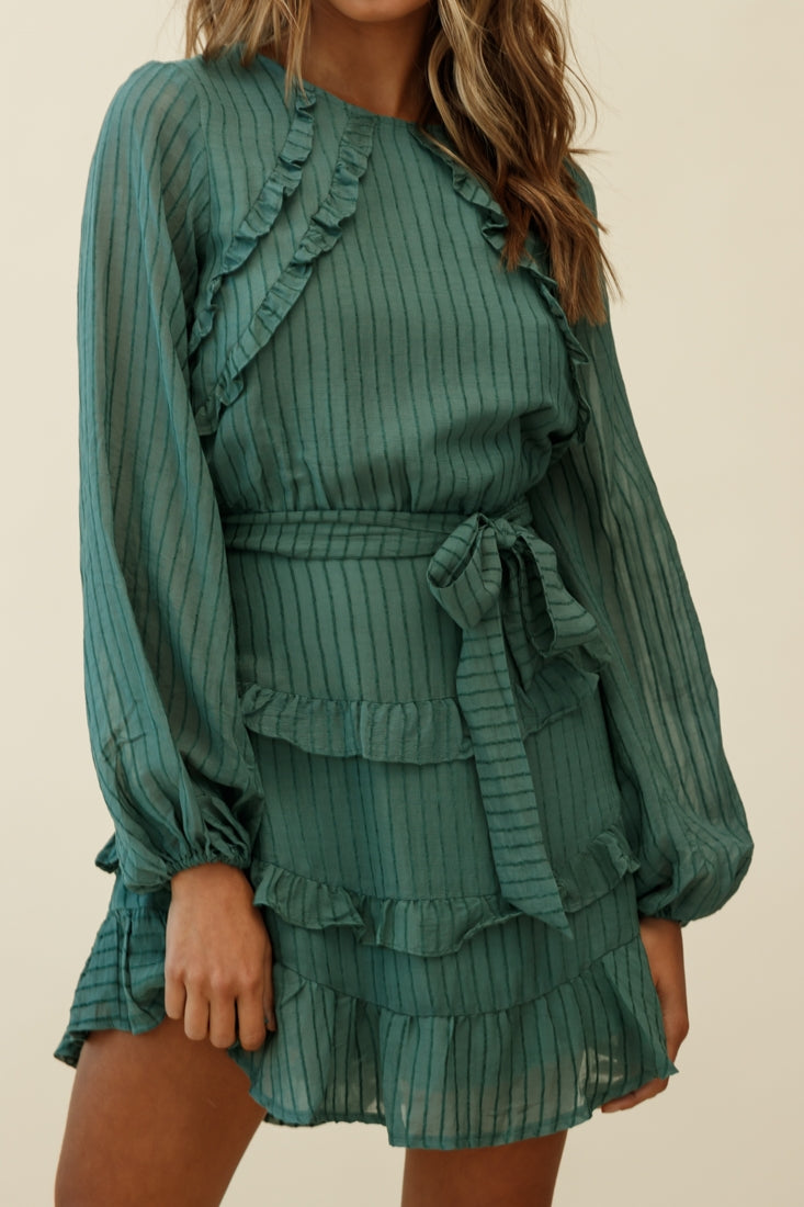 Dusk Long Sleeve Waist Tie Frill Dress Thin Stripe Green by Selfie Leslie