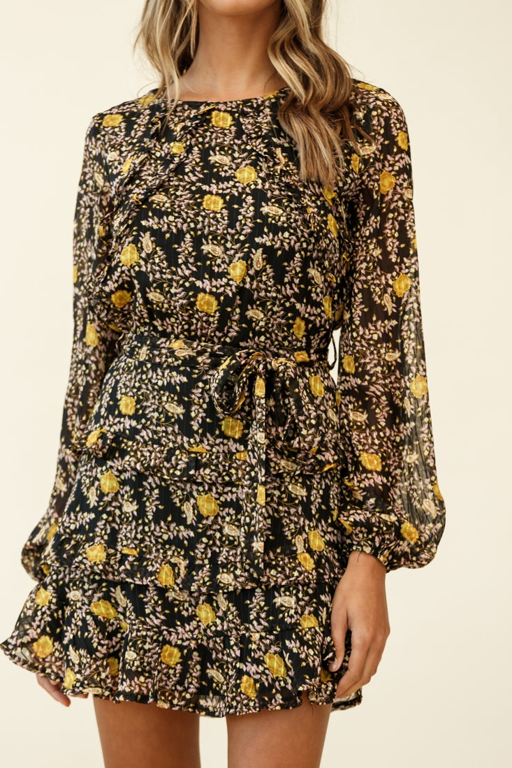 Dusk Long Sleeve Waist Tie Frill Dress Floral Print Black by Selfie Leslie