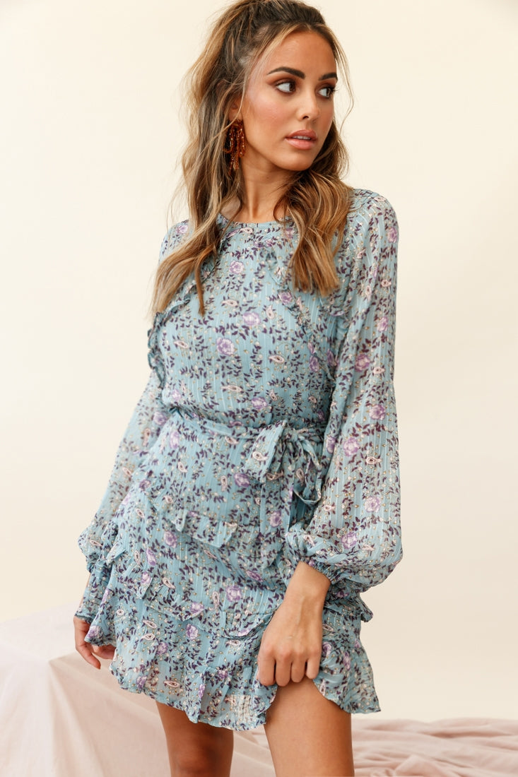 Dusk Long Sleeve Waist Tie Frill Dress Floral Print Midnight Blue Dusk Long Sleeve Waist Tie Frill Dress Floral Print Midnight Blue