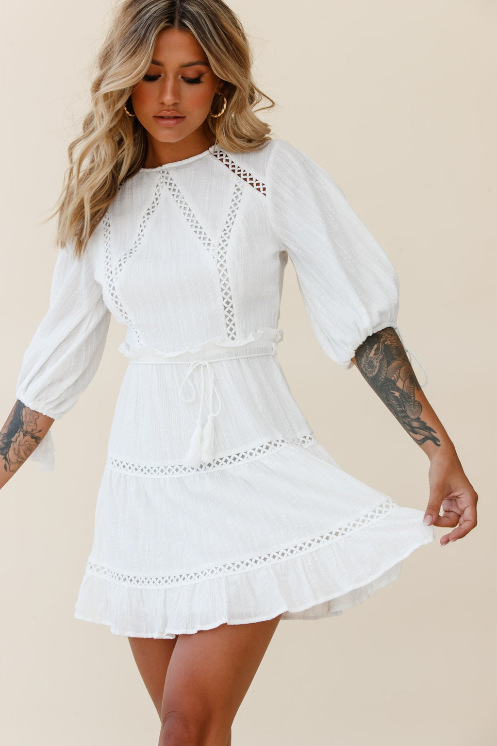 Antonia Half Puff Sleeve Crochet Detail Dress White by Selfie Leslie