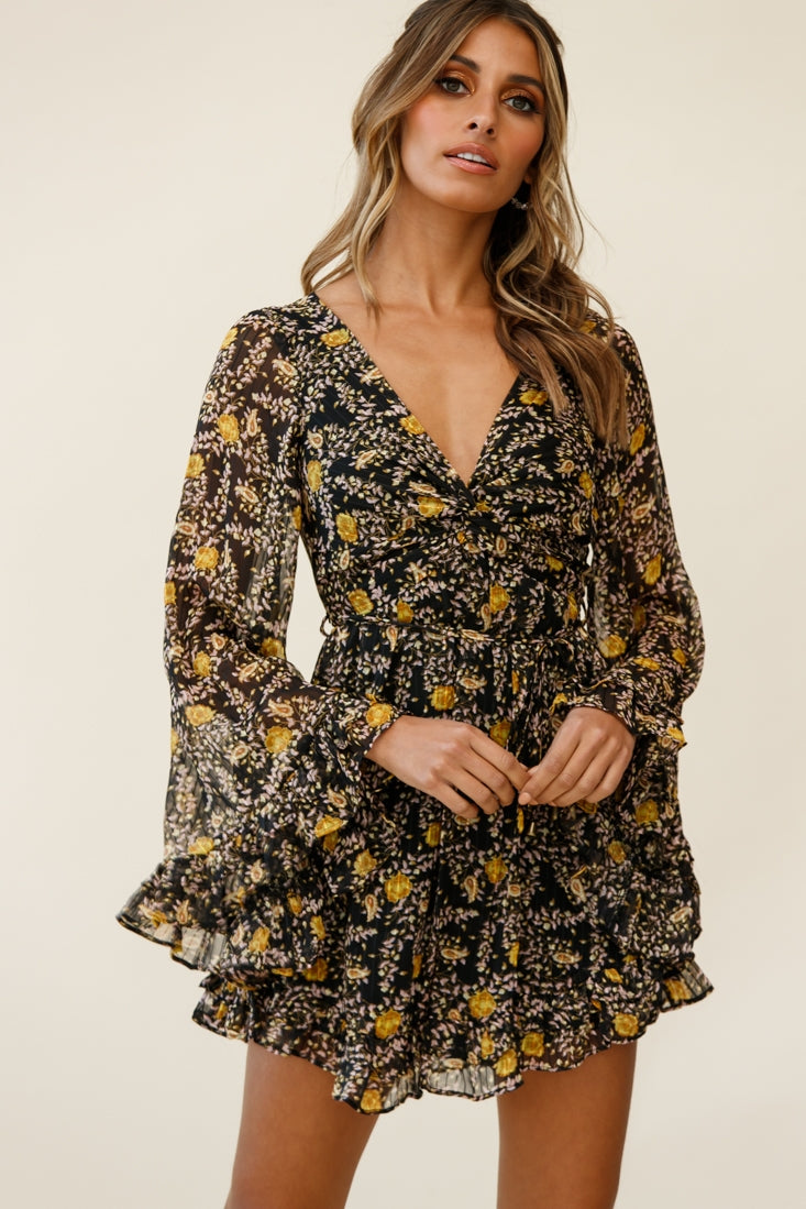 Perri Bell Sleeve Twist Knot Bust Dress Paisley Print Black by Selfie Leslie