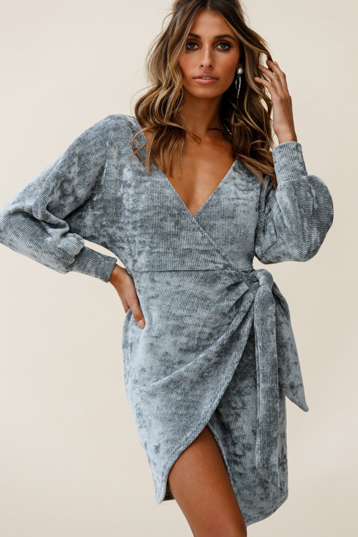 Isolde Ribbed Velour Wrap Dress Grey by Selfie Leslie