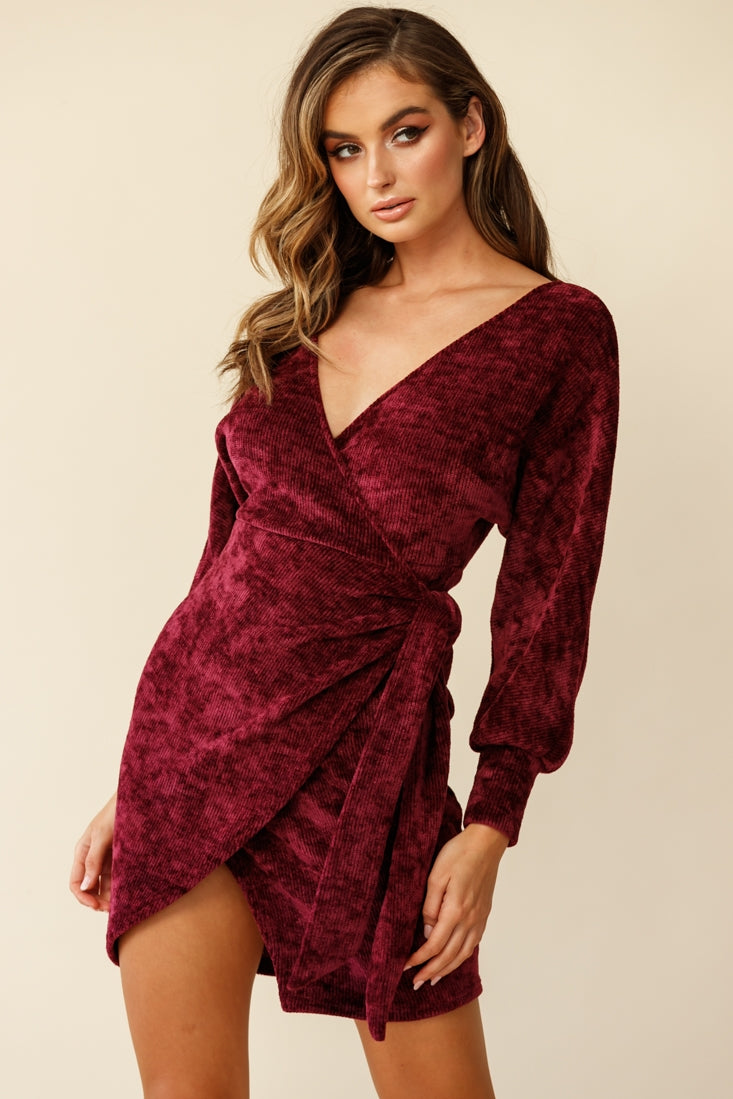 Isolde Ribbed Velour Wrap Dress Plum by Selfie Leslie