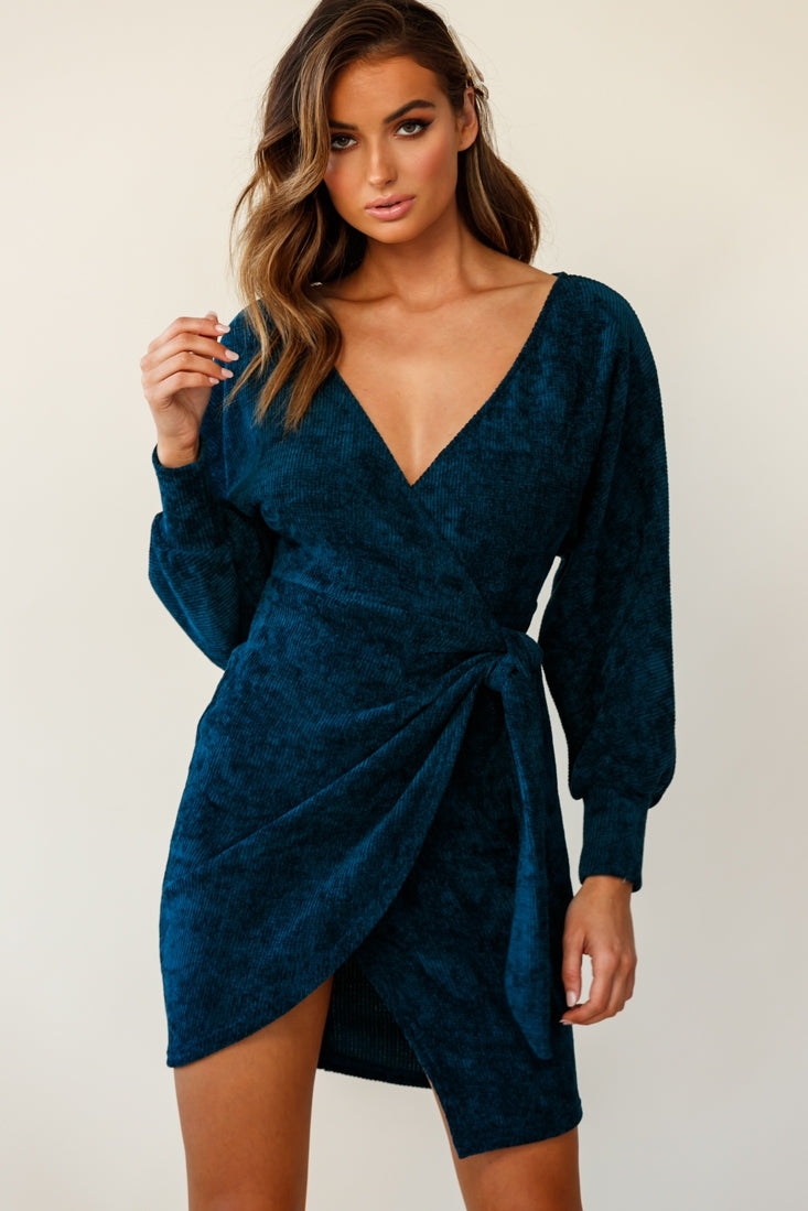 Isolde Ribbed Velour Wrap Dress Teal by Selfie Leslie