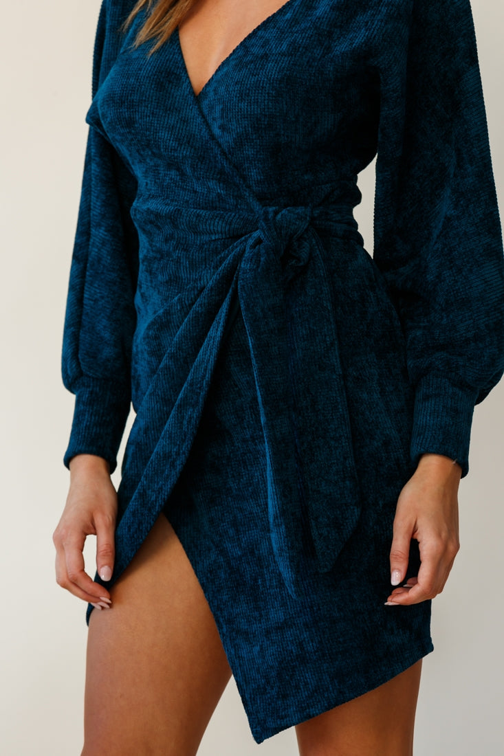 Isolde Ribbed Velour Wrap Dress Teal by Selfie Leslie