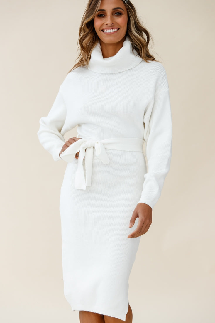 Marco Long Sleeve Turtleneck Knit Midi Dress White Marco Long Sleeve Turtleneck Knit Midi Dress White