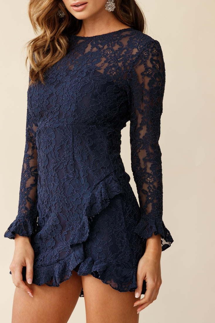 Tilly Lace Overlay Ruffle Trimmed Back Dress Navy by Selfie Leslie