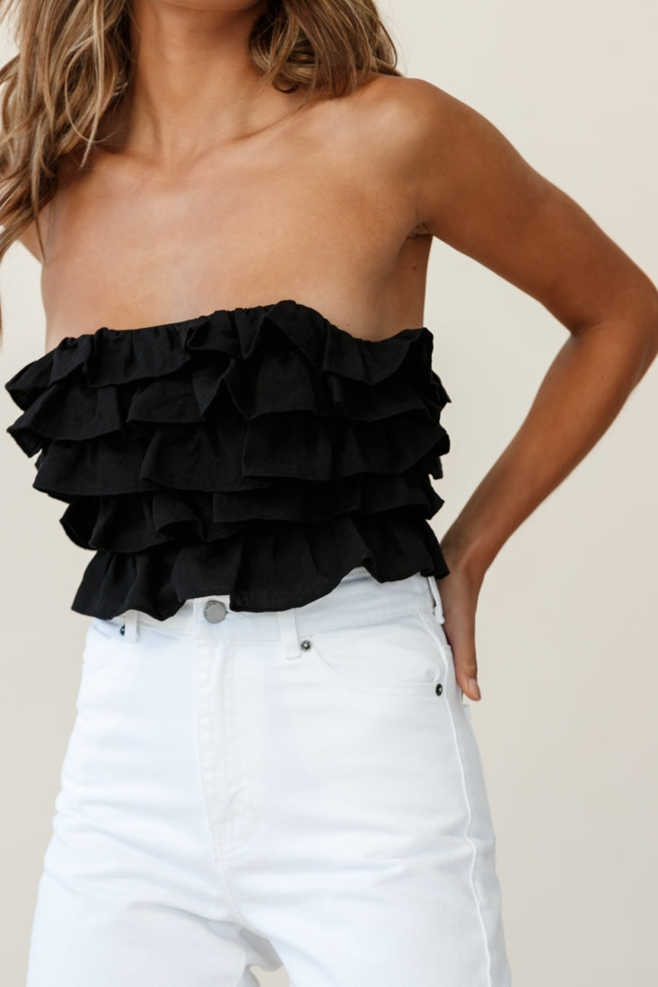 Talulah Layered Ruffle Lace-Up Back Crop Top Black by Selfie Leslie