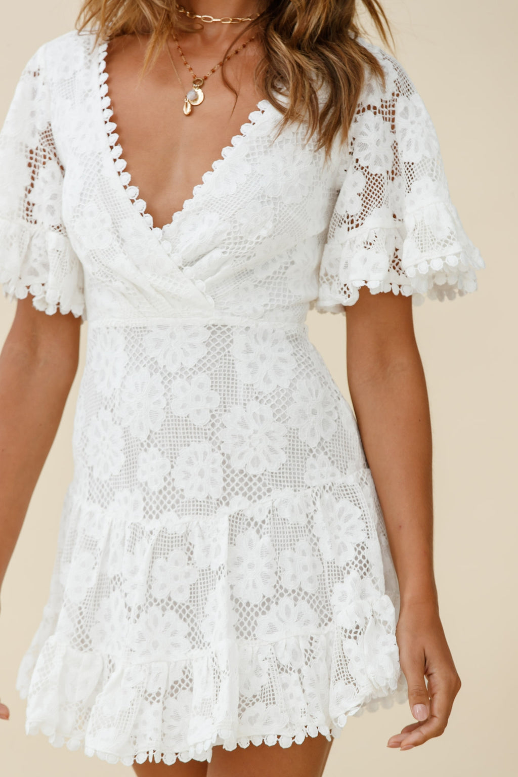 Alaia Short Fluted Sleeve Crochet Lace Dress White by Selfie Leslie