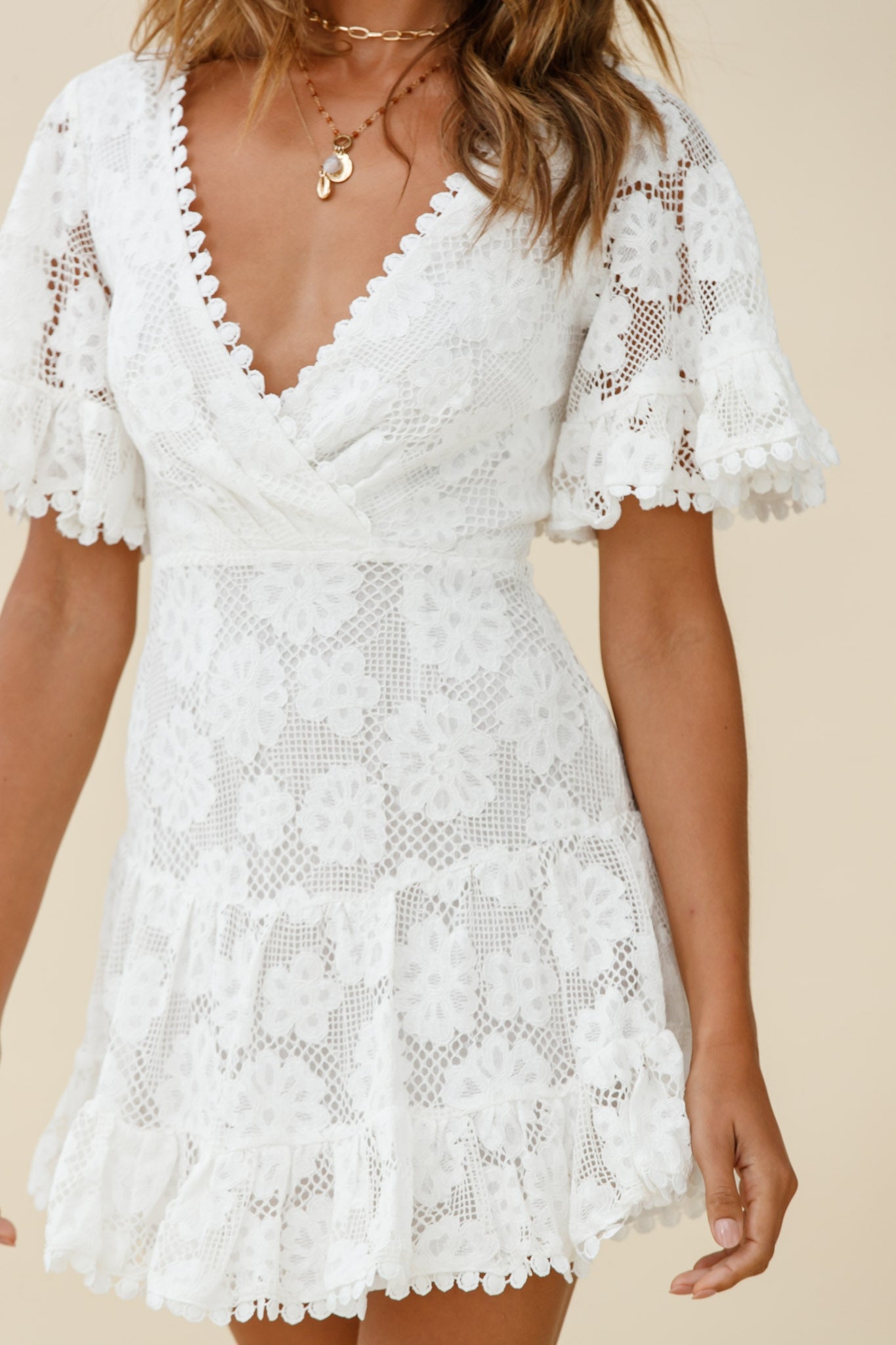Alaia Short Fluted Sleeve Crochet Lace Dress White by Selfie Leslie