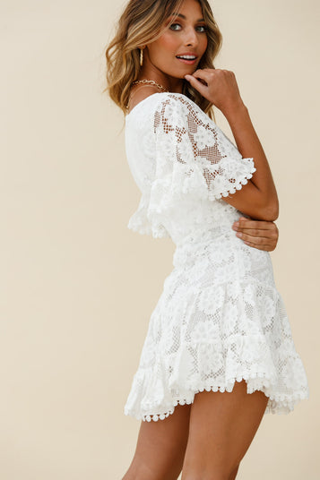 Shop the Alaia Short Fluted Sleeve Crochet Lace Dress White | Selfie Leslie