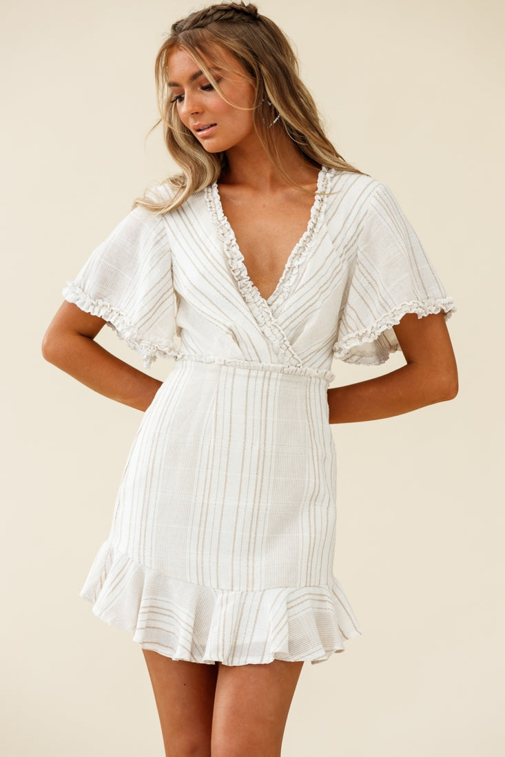 Ochre Open Back Bow Detail Dress Stripe Pattern White/Mocha by Selfie Leslie
