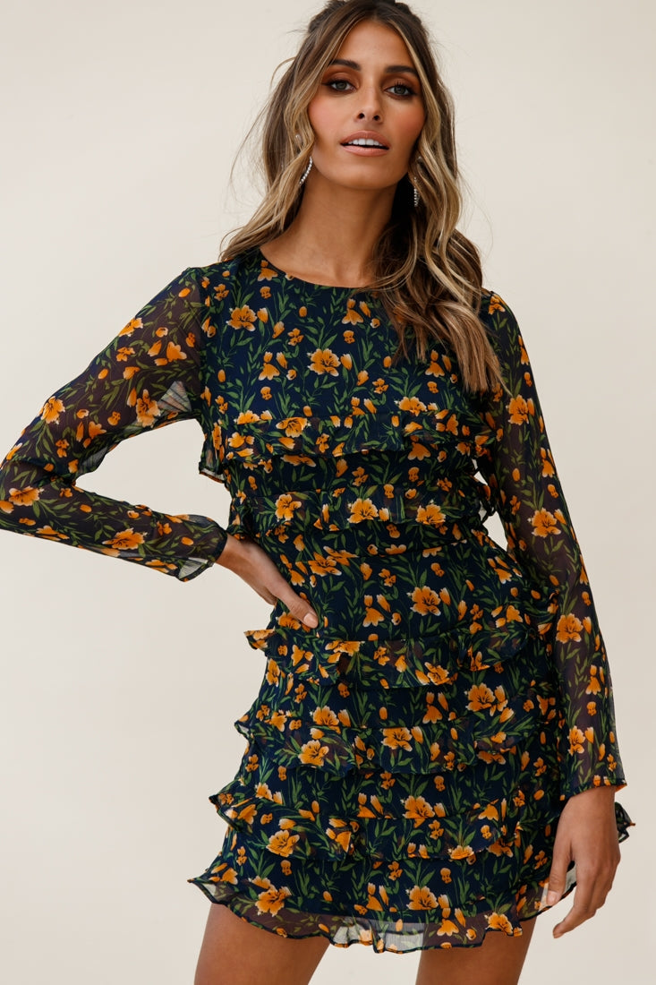 Charmaine Long Sleeve Tiered Frill Dress Floral Print Navy by Selfie Leslie