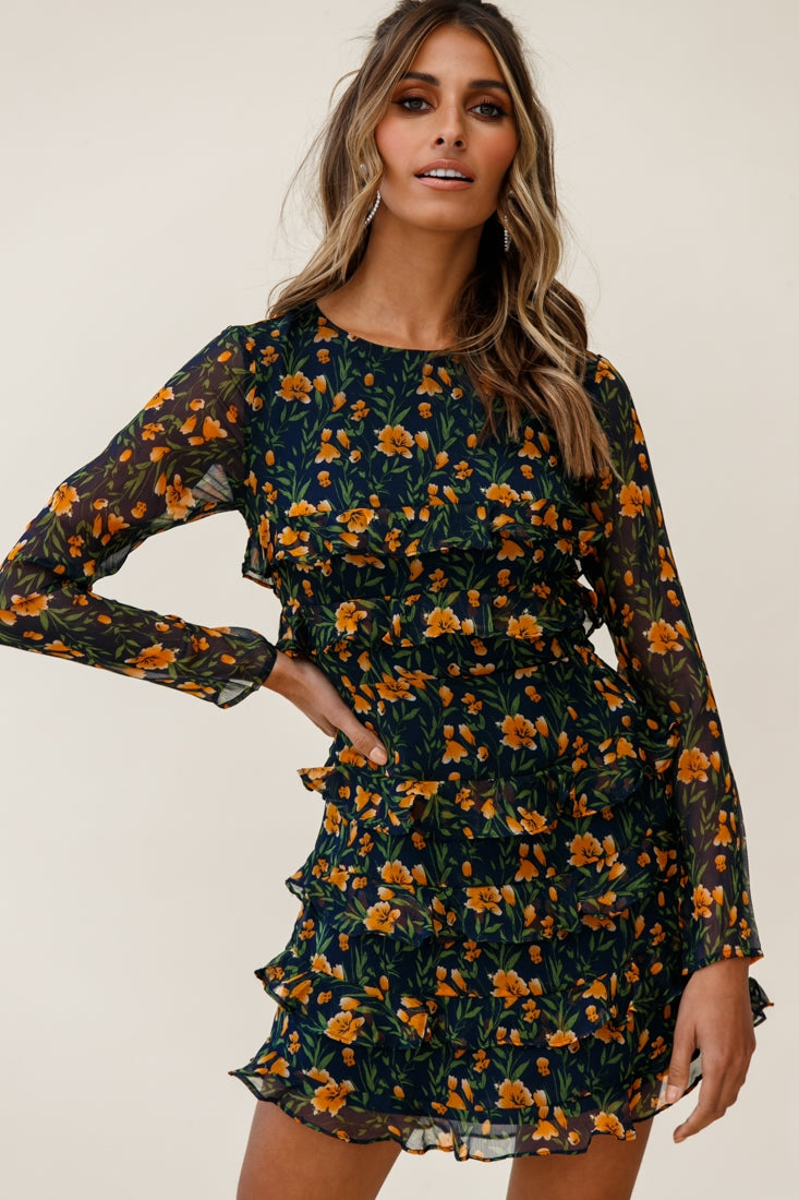 Shop the Charmaine Long Sleeve Tiered Frill Dress Floral Print Navy ...