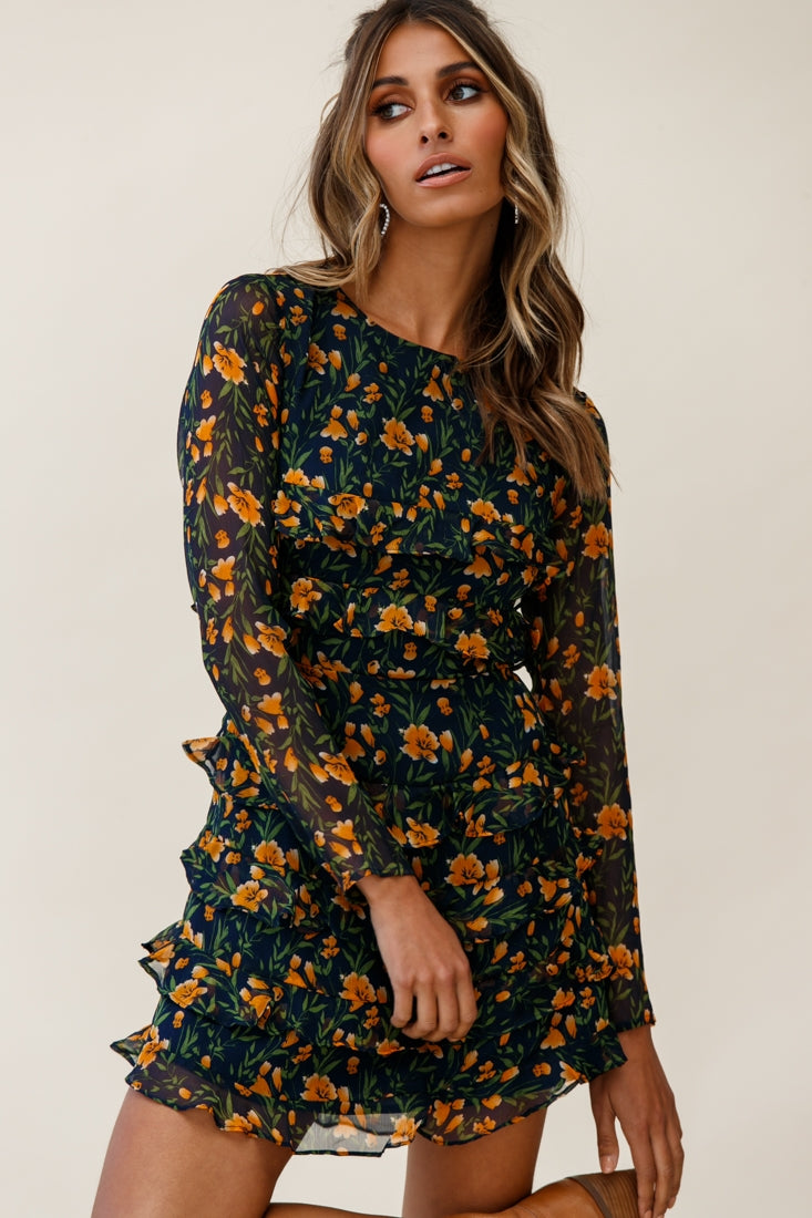 Charmaine Long Sleeve Tiered Frill Dress Floral Print Navy by Selfie Leslie