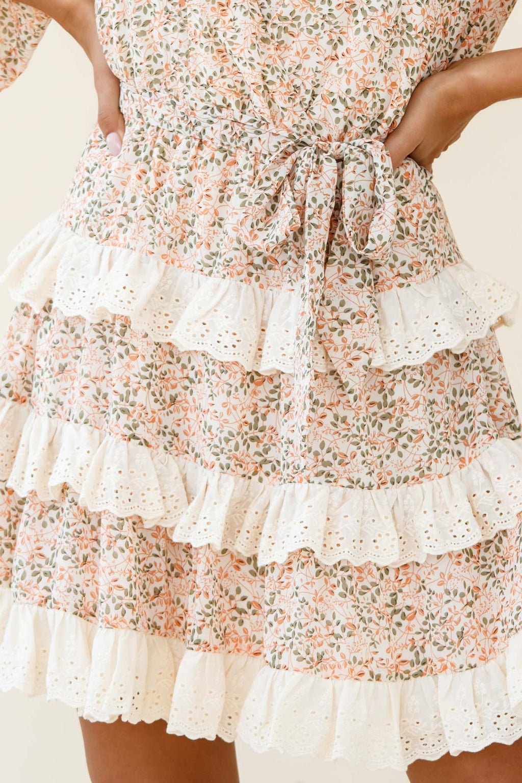 Tulsa 3/4 Sleeve Waist Tie Frill Dress Floral Print Nude by Selfie Leslie