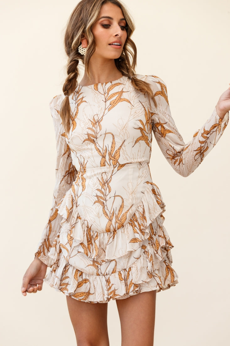 Liz Long Sleeve Double Ruffle Dress Leaf Print Beige by Selfie Leslie