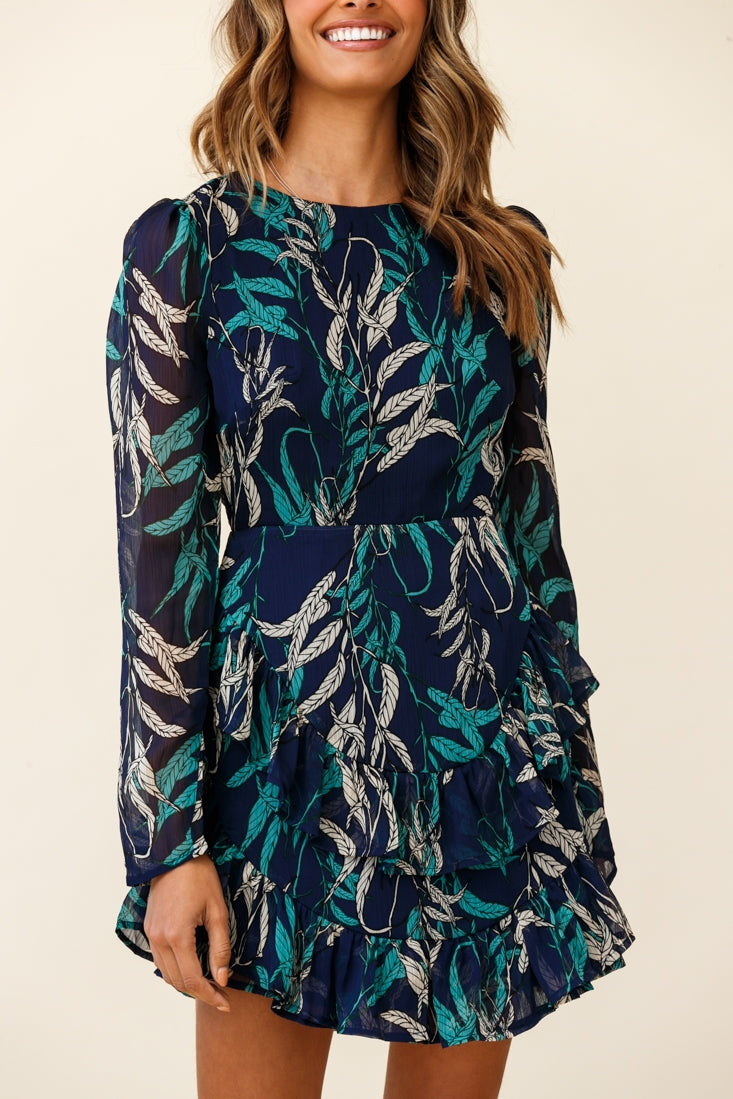 Liz Long Sleeve Double Ruffle Dress Leaf Print Navy by Selfie Leslie
