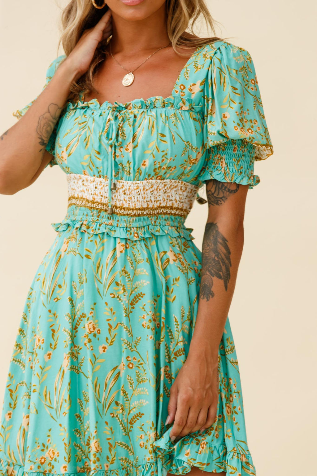 Summer In Paris Puff Sleeve Open Back Dress Botanical Print Mint by Selfie Leslie